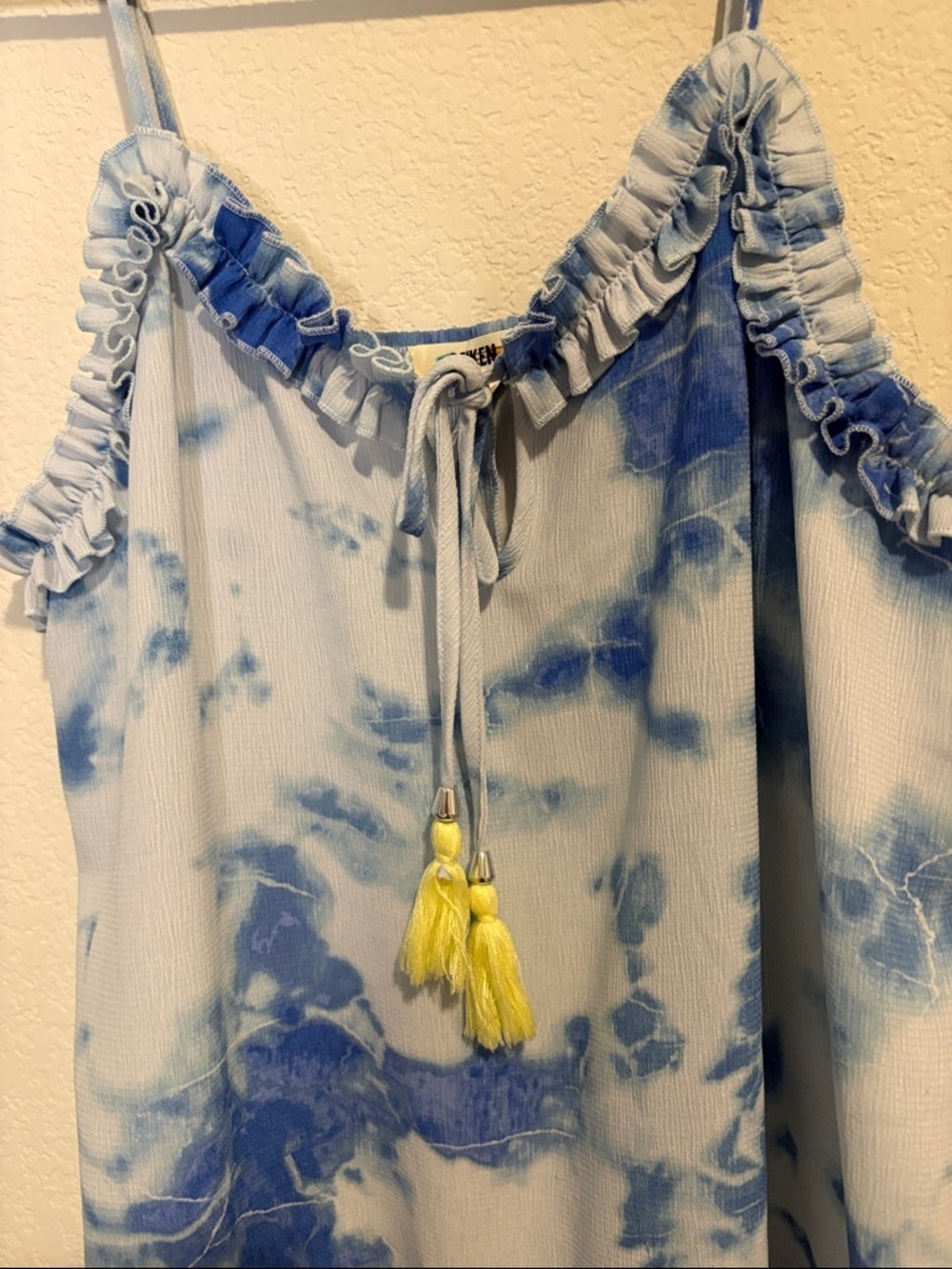 Blue Tie-Dye Ruffle Mini Dress swim cover up L - Picture 3 of 6